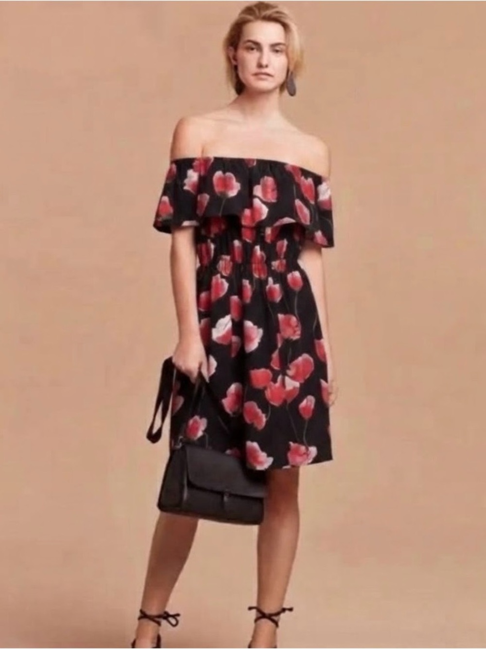Aritzia WILFRED Hosta Dress Floral Red Black Off Shoulder